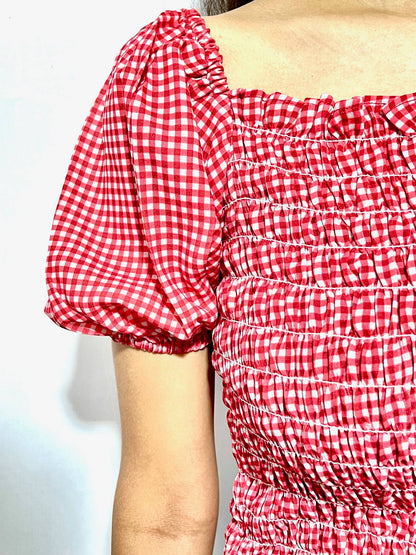 AAFROSE red checks puff seeves top