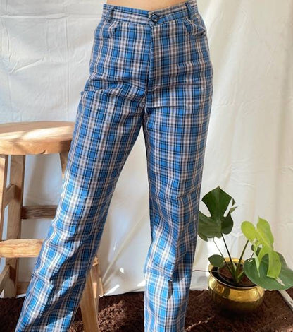 Aafrose plaid print high waist blue check pants